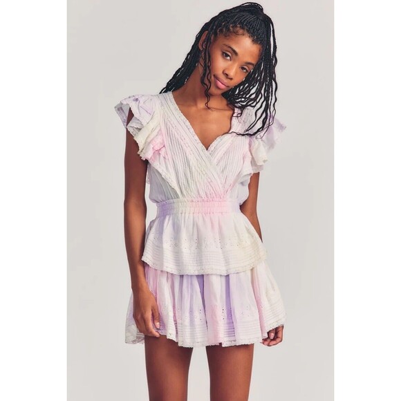 LoveShackFancy  Gwen Dress Multi Tie Dye Pastel Eyelet Lace Ruffles Sz XS - Picture 2 of 9
